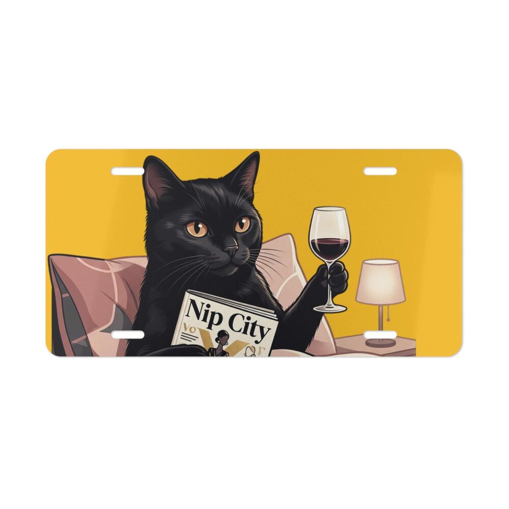 Black Cat with Wine - Vanity Plate